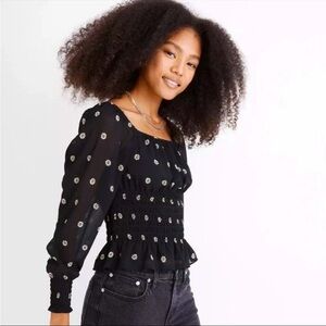 Madewell (Re)sourced Georgette Square-Neck Smock-Waist Top in Bloom Dot Small